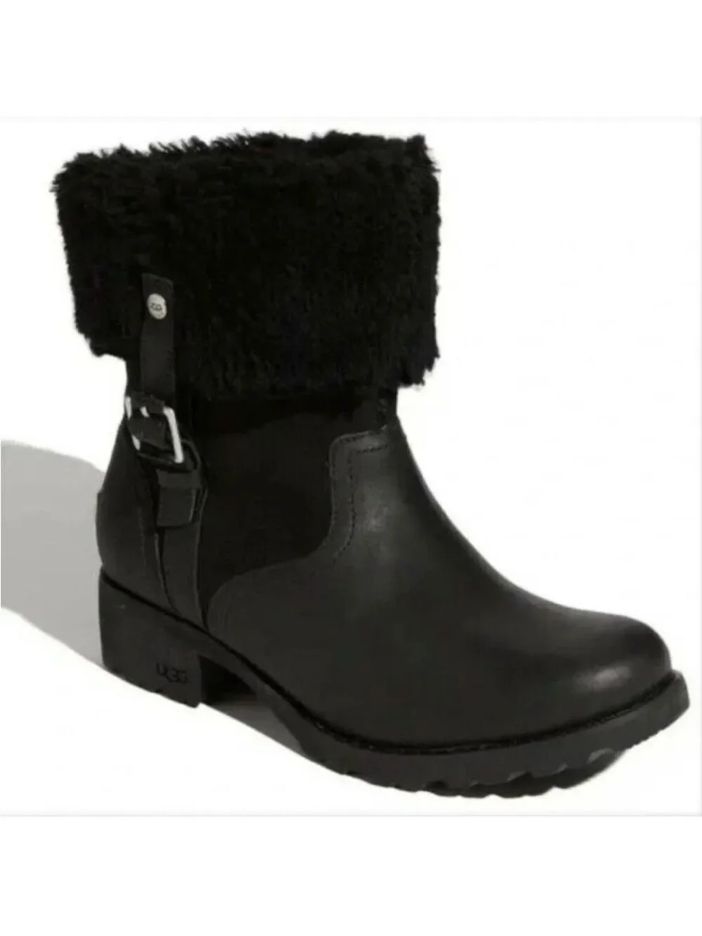 UGG Black Bellevue 1914 Leather Shearling Zip Fold Over Moto Boots Sz 6